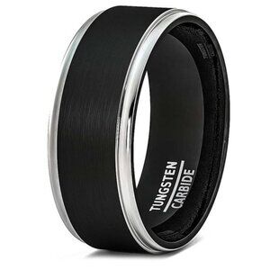 Men's Wedding Band - Black Brushed Silver Stripe Ring for Men - Wedding Rings